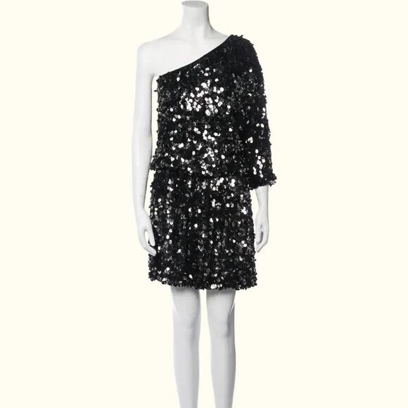 TIBI Black One Shoulder Silk Sequin Mini Dress - Picture 3 of 12